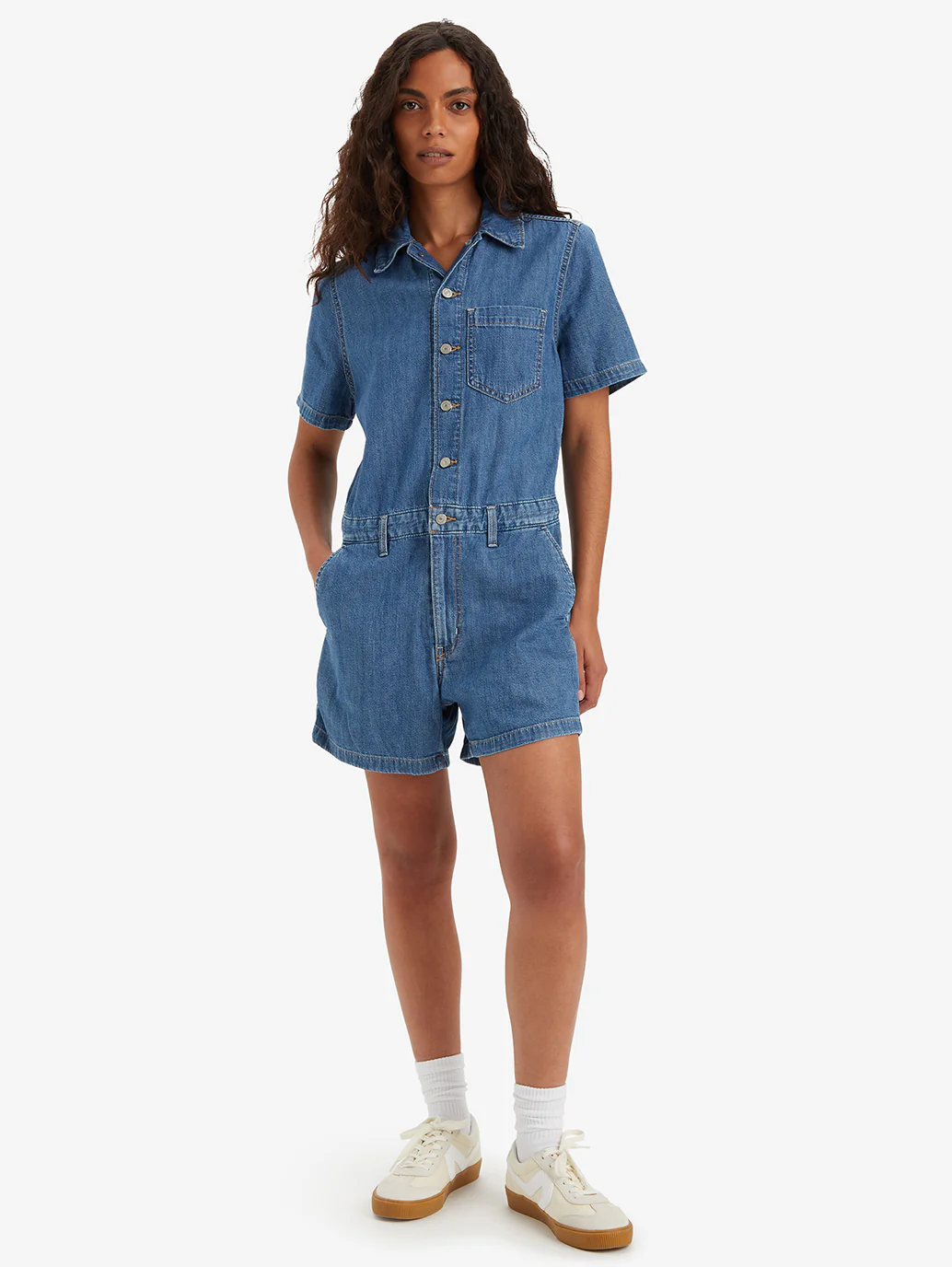 Women's Solid Blue Spread Collar Romper - Image 2