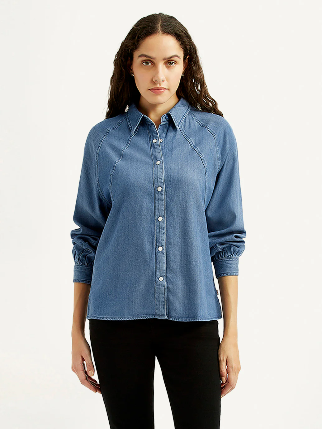 Women's Solid Blue Spread Collar Denim Shirt