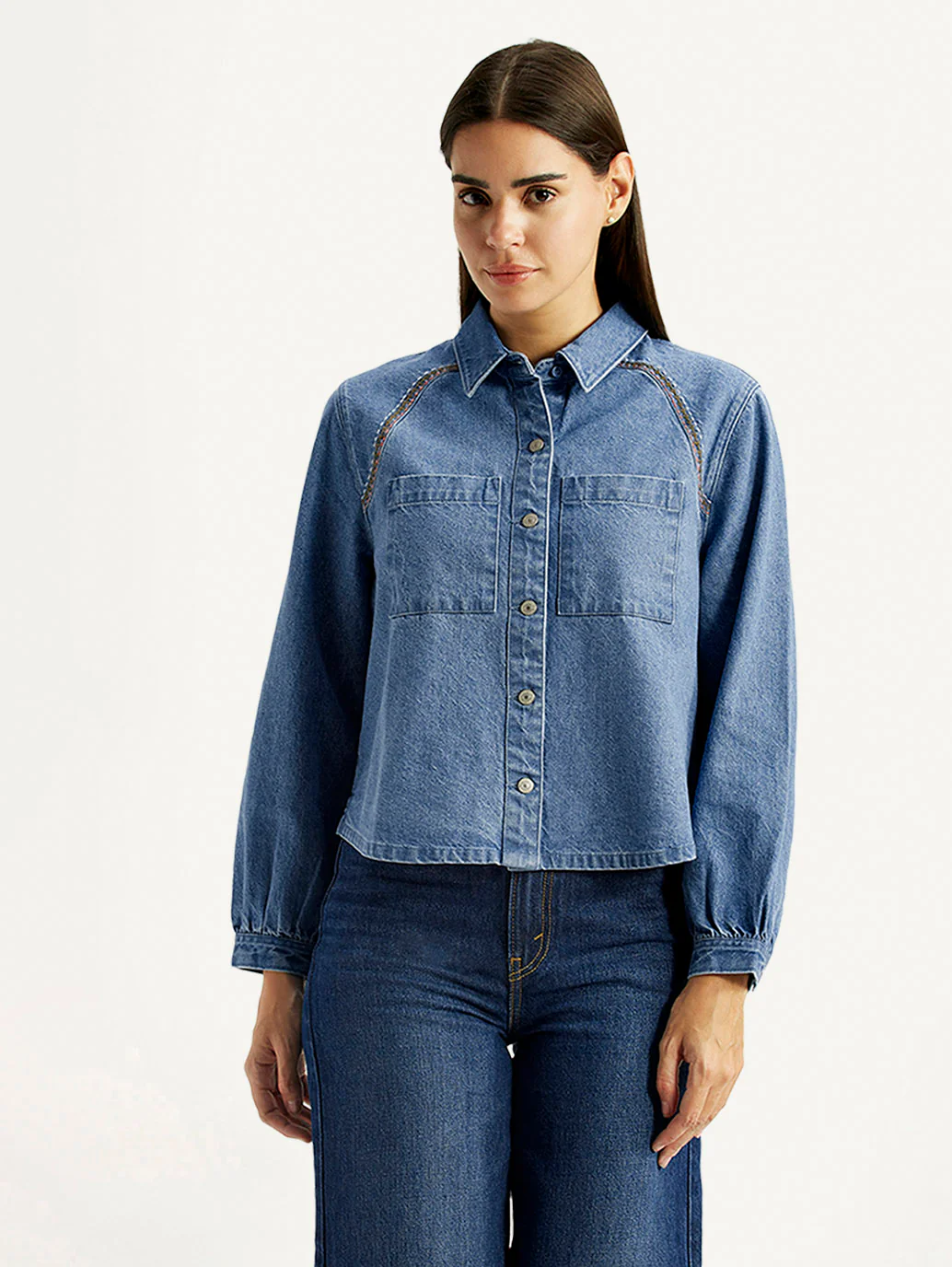 Women's Solid Blue Spread Collar Relaxed Fit Shirt - Image 4