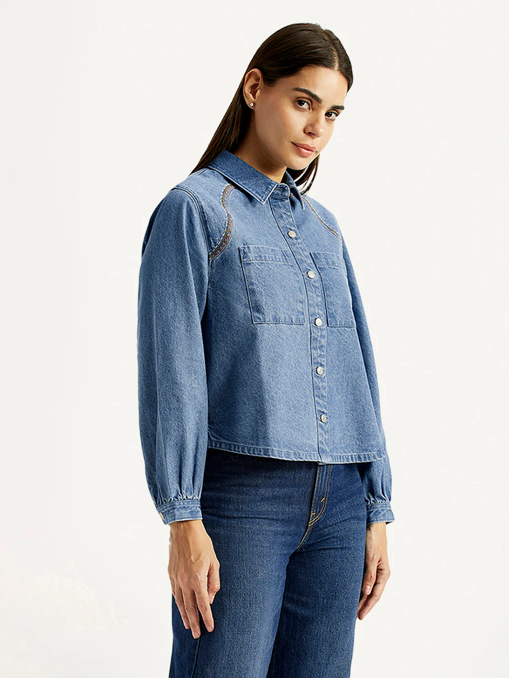 Women's Solid Blue Spread Collar Relaxed Fit Shirt - Image 5