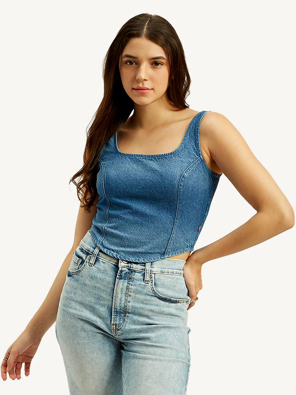 Women's Solid Blue Square Neck Denim Corset Top - Image 3