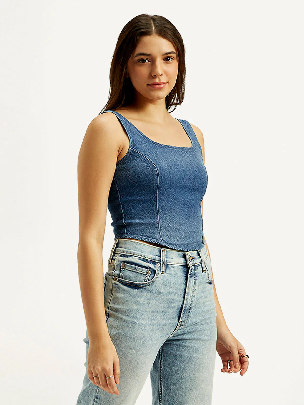 Women's Solid Blue Square Neck Denim Corset Top - Image 6
