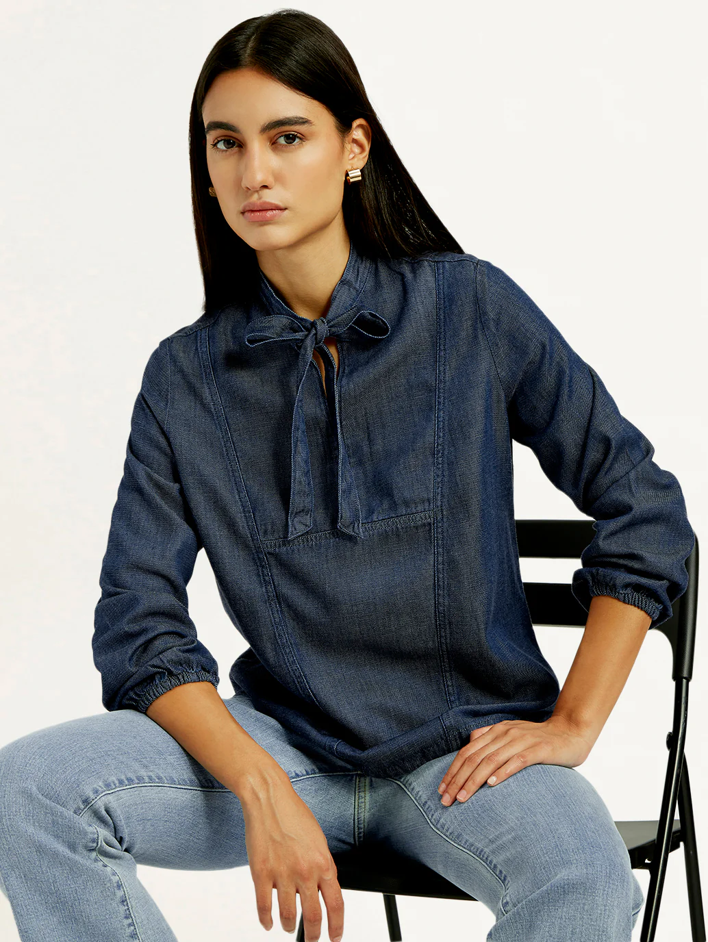 Women's Solid Blue Tie-Neck Top