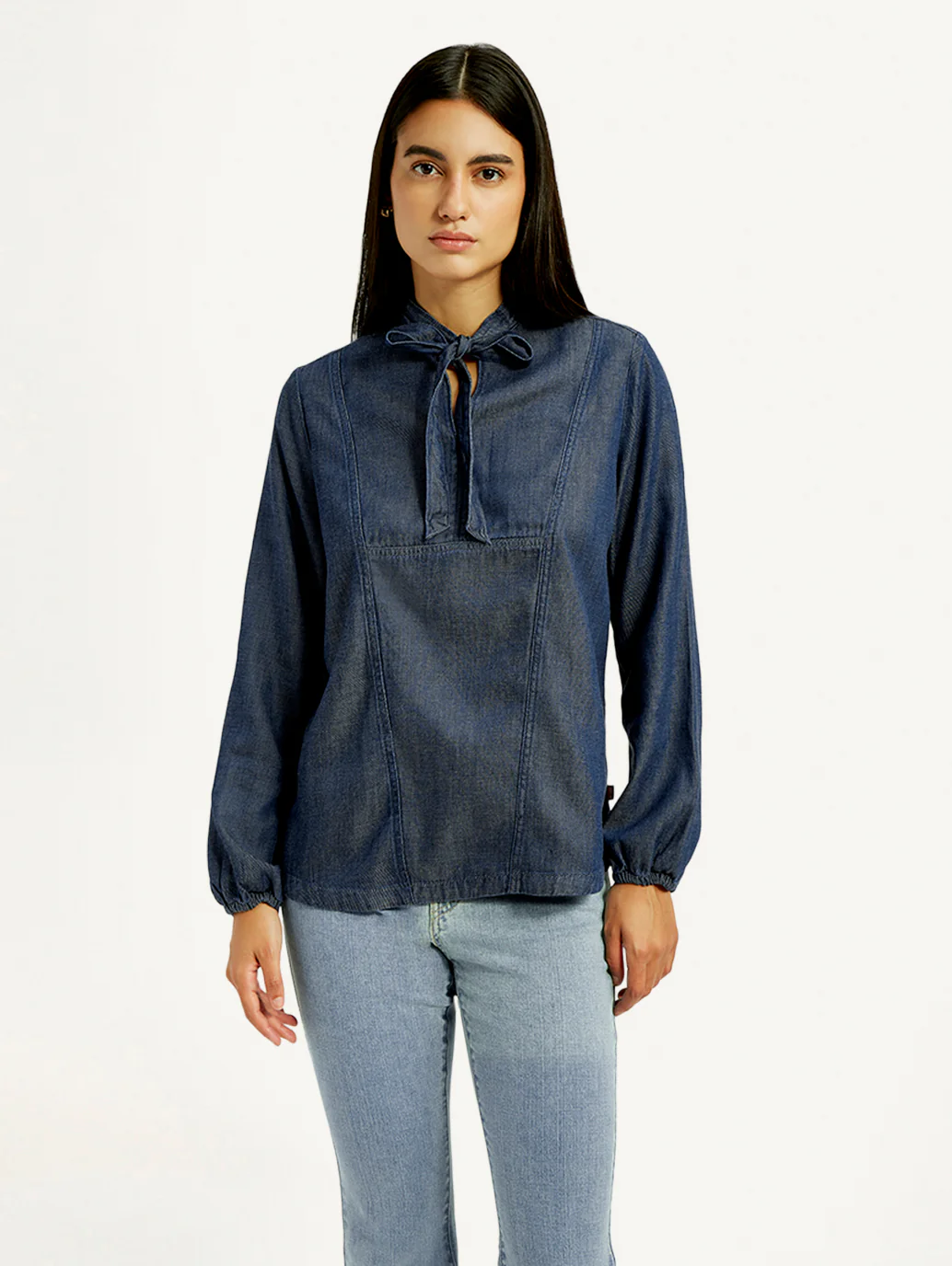 Women's Solid Blue Tie-Neck Top - Image 2