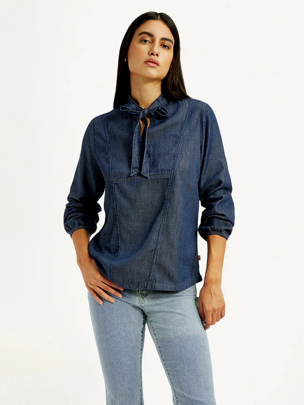 Women's Solid Blue Tie-Neck Top - Image 3