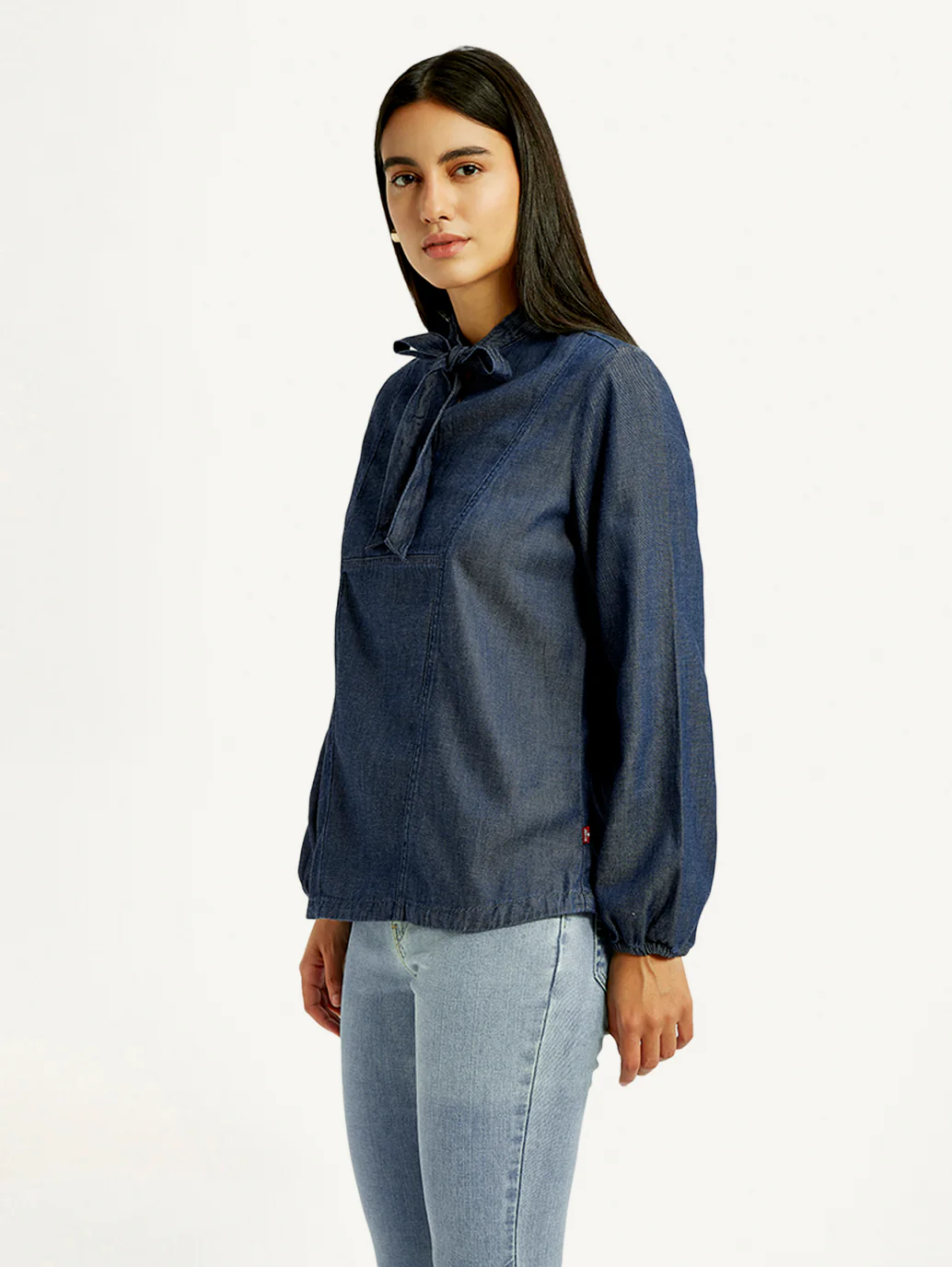 Women's Solid Blue Tie-Neck Top - Image 6