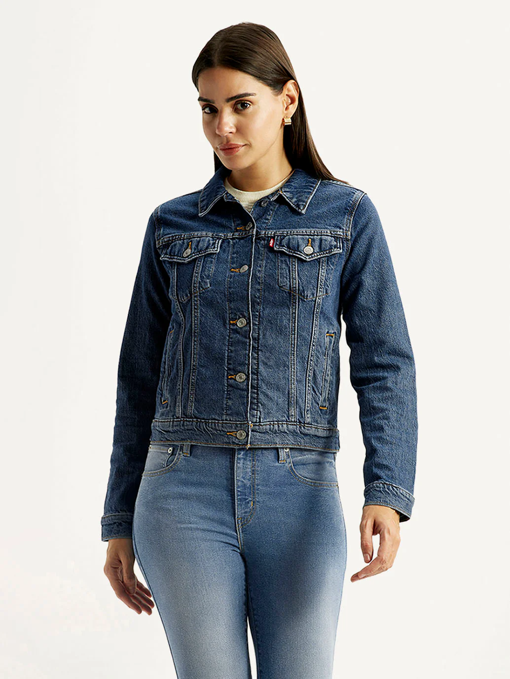 Women's Solid Blue Trucker Jacket - Image 2
