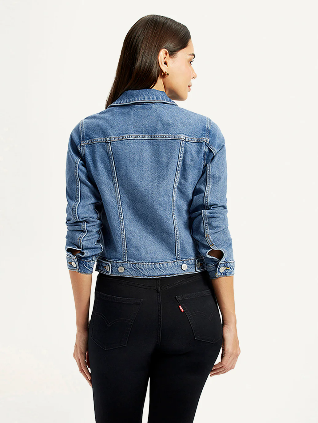 Women's Solid Blue Trucker Jacket - Image 2