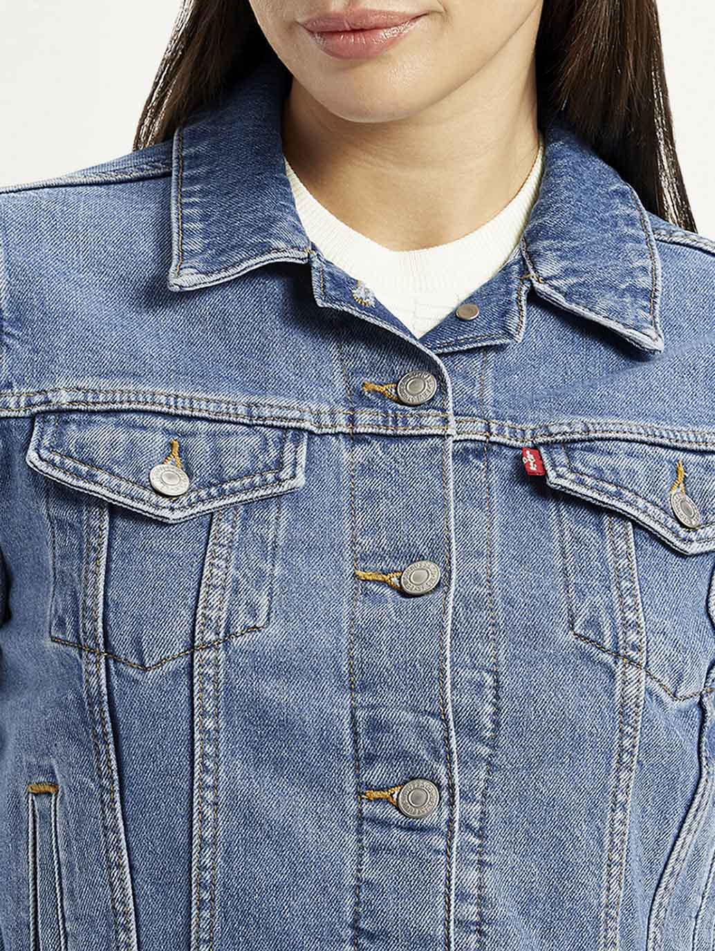 Women's Solid Blue Trucker Jacket - Image 3