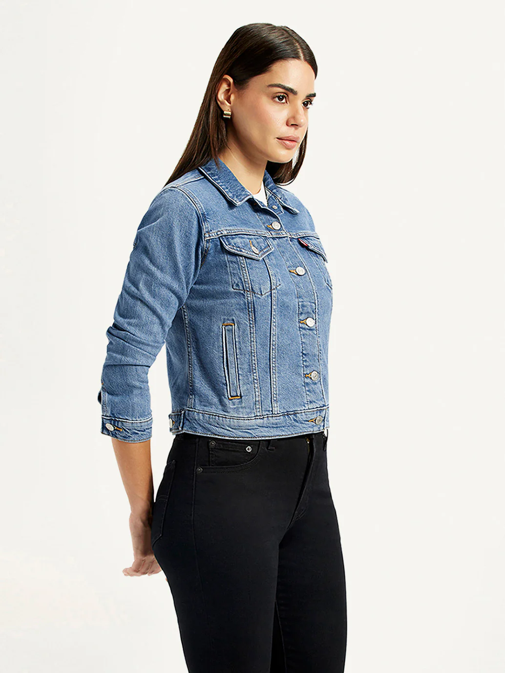 Women's Solid Blue Trucker Jacket - Image 4