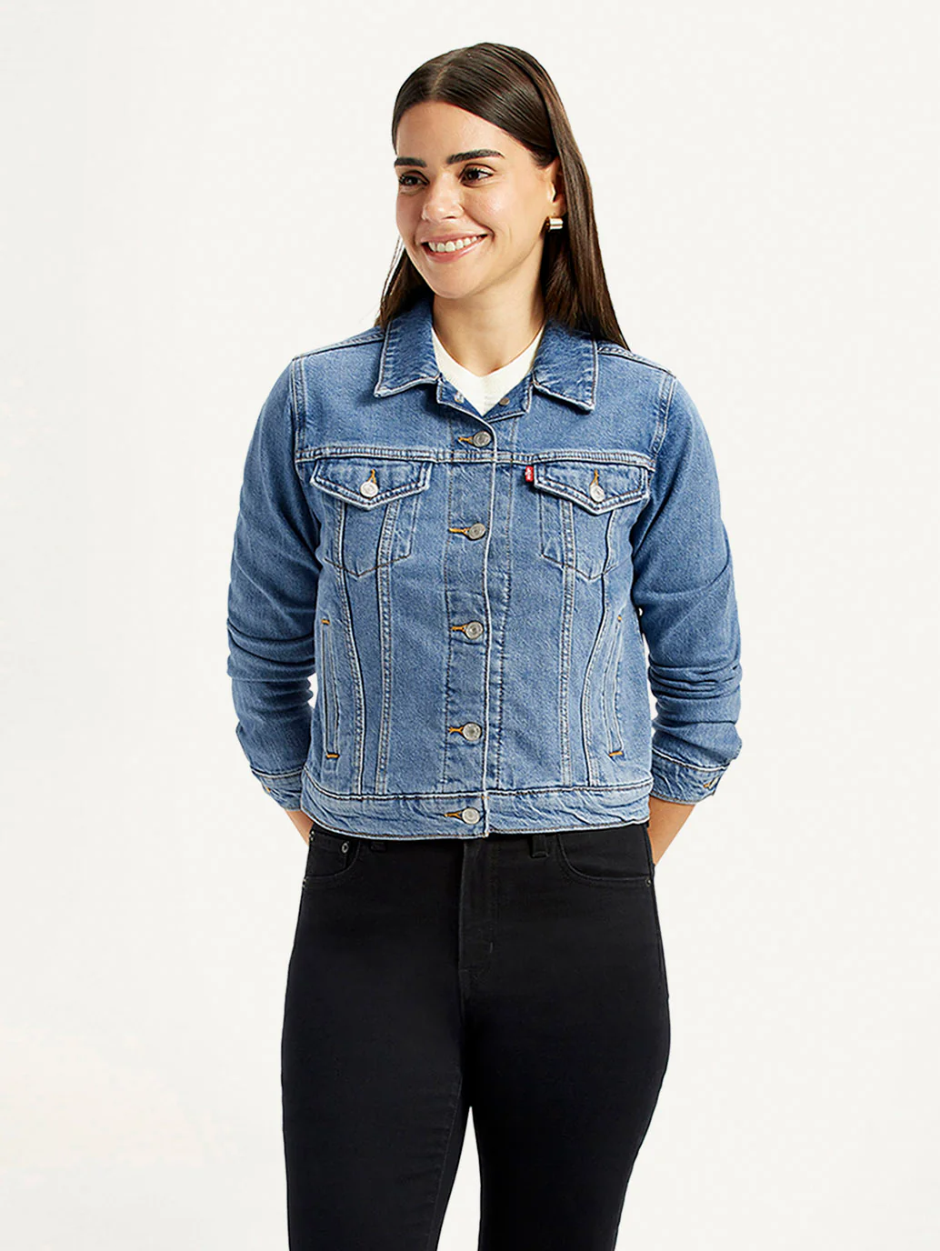 Women's Solid Blue Trucker Jacket - Image 5