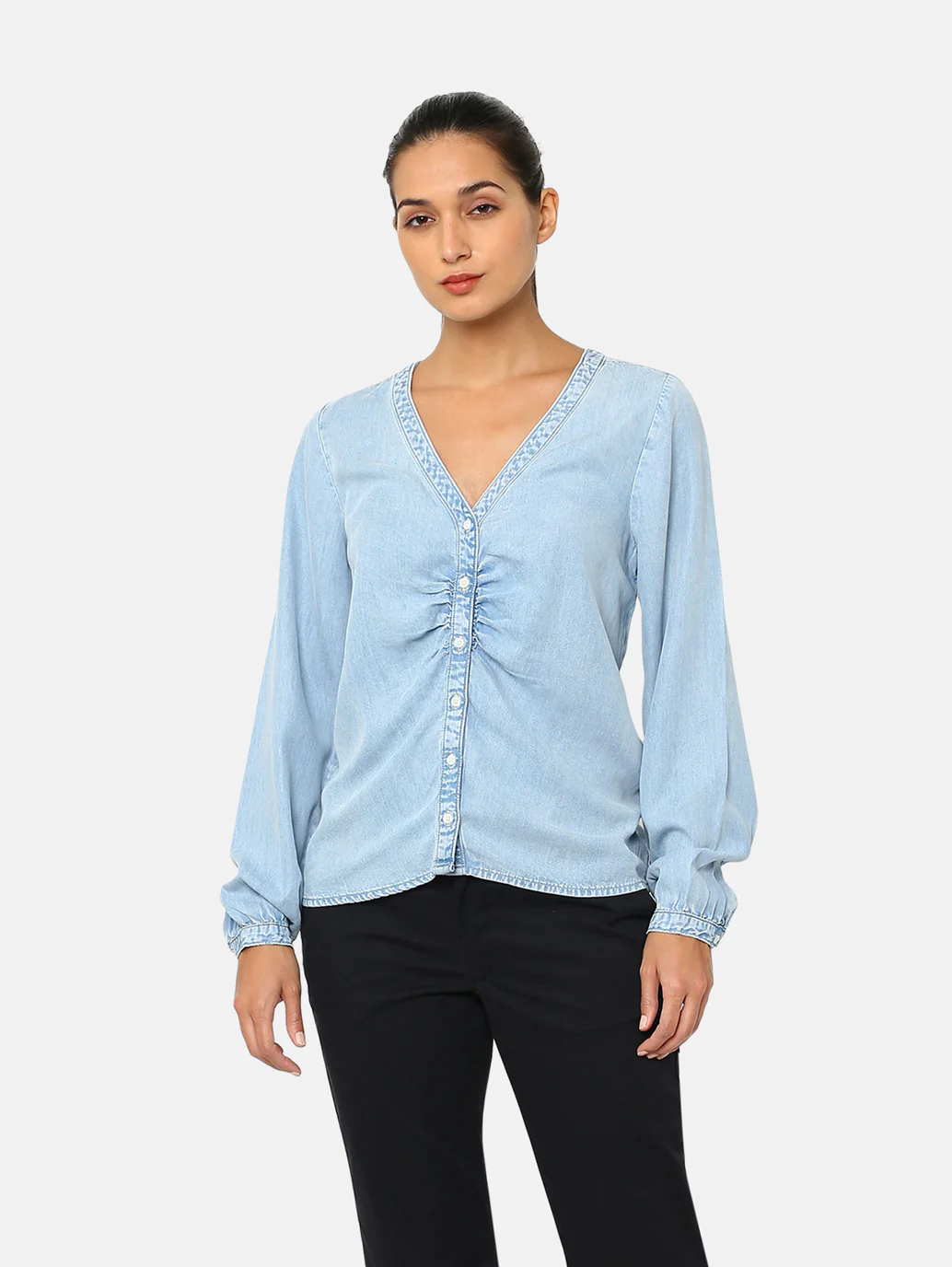 Women's Solid Blue V Neck Lace Top - Image 2