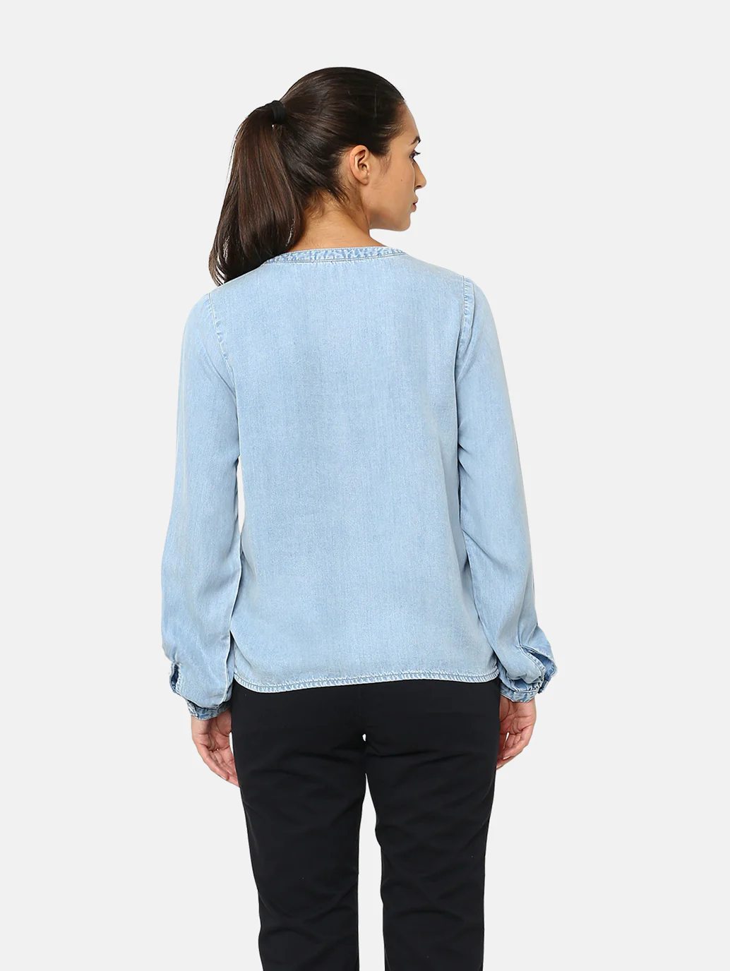 Women's Solid Blue V Neck Lace Top - Image 3