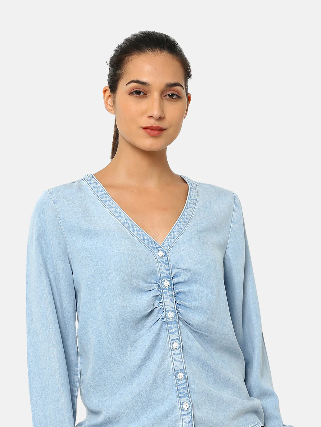 Women's Solid Blue V Neck Lace Top - Image 6