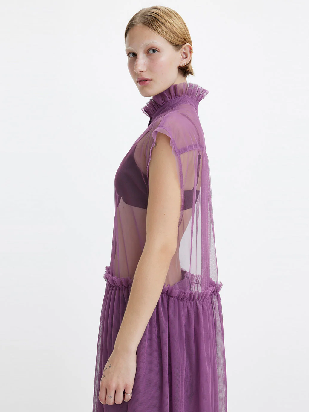 Women's High Neck Net A-Line Sheer Midi Dress - Image 3
