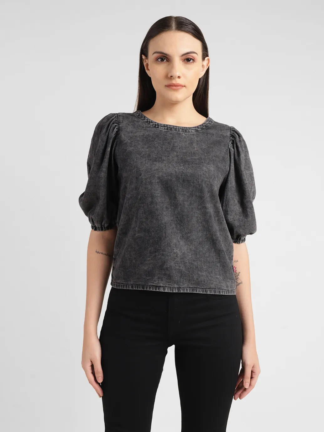 Women's Solid Charcoal Grey Round Neck Top - Image 2