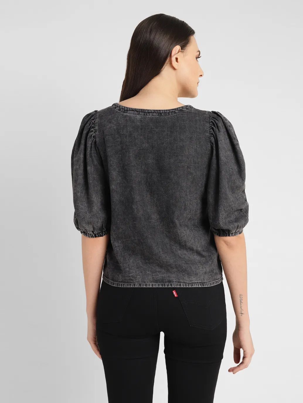 Women's Solid Charcoal Grey Round Neck Top - Image 3