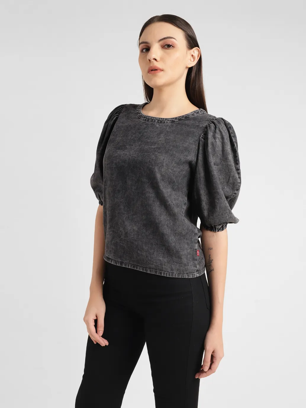 Women's Solid Charcoal Grey Round Neck Top - Image 4