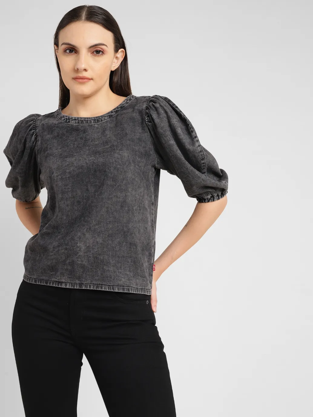 Women's Solid Charcoal Grey Round Neck Top - Image 6
