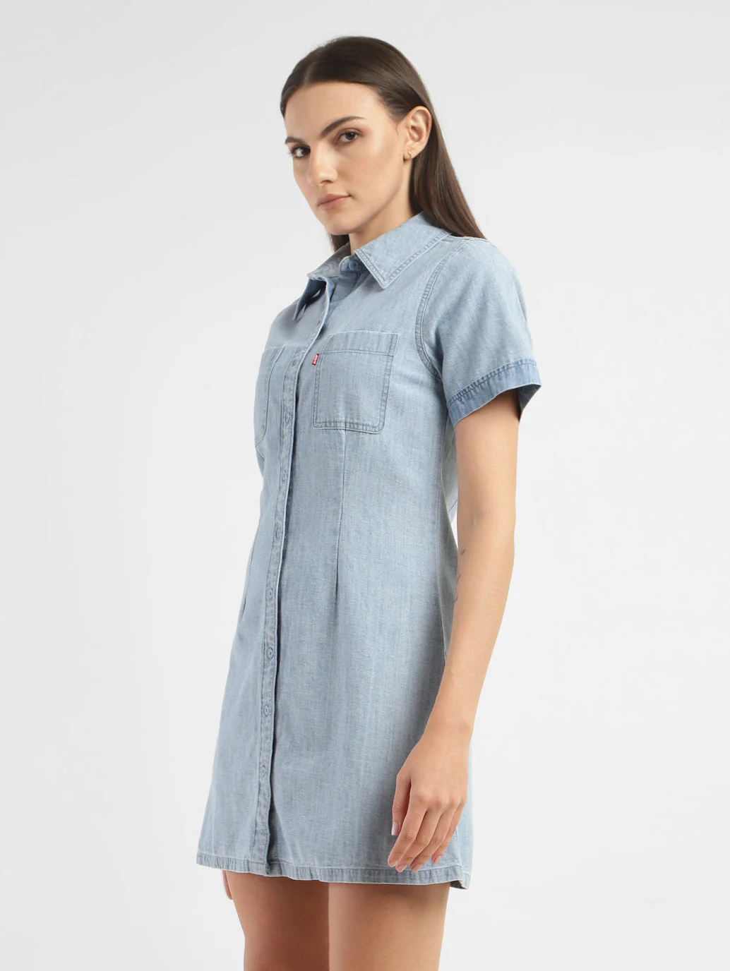 Women's Solid Spread Collar Denim Dress - Image 4