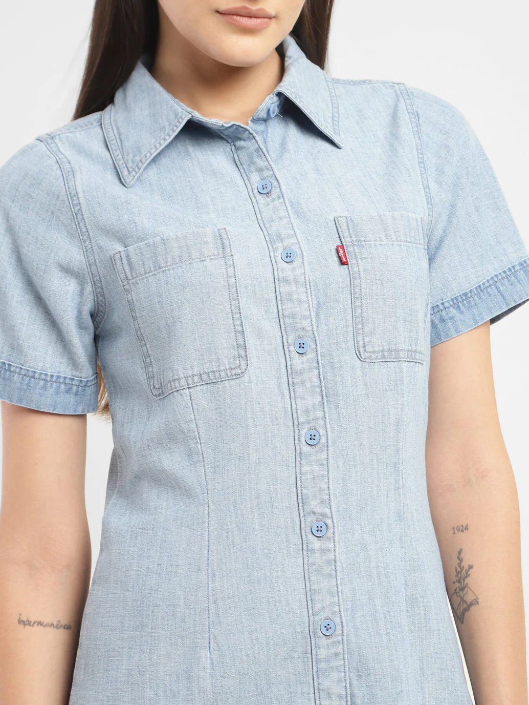 Women's Solid Spread Collar Denim Dress - Image 5