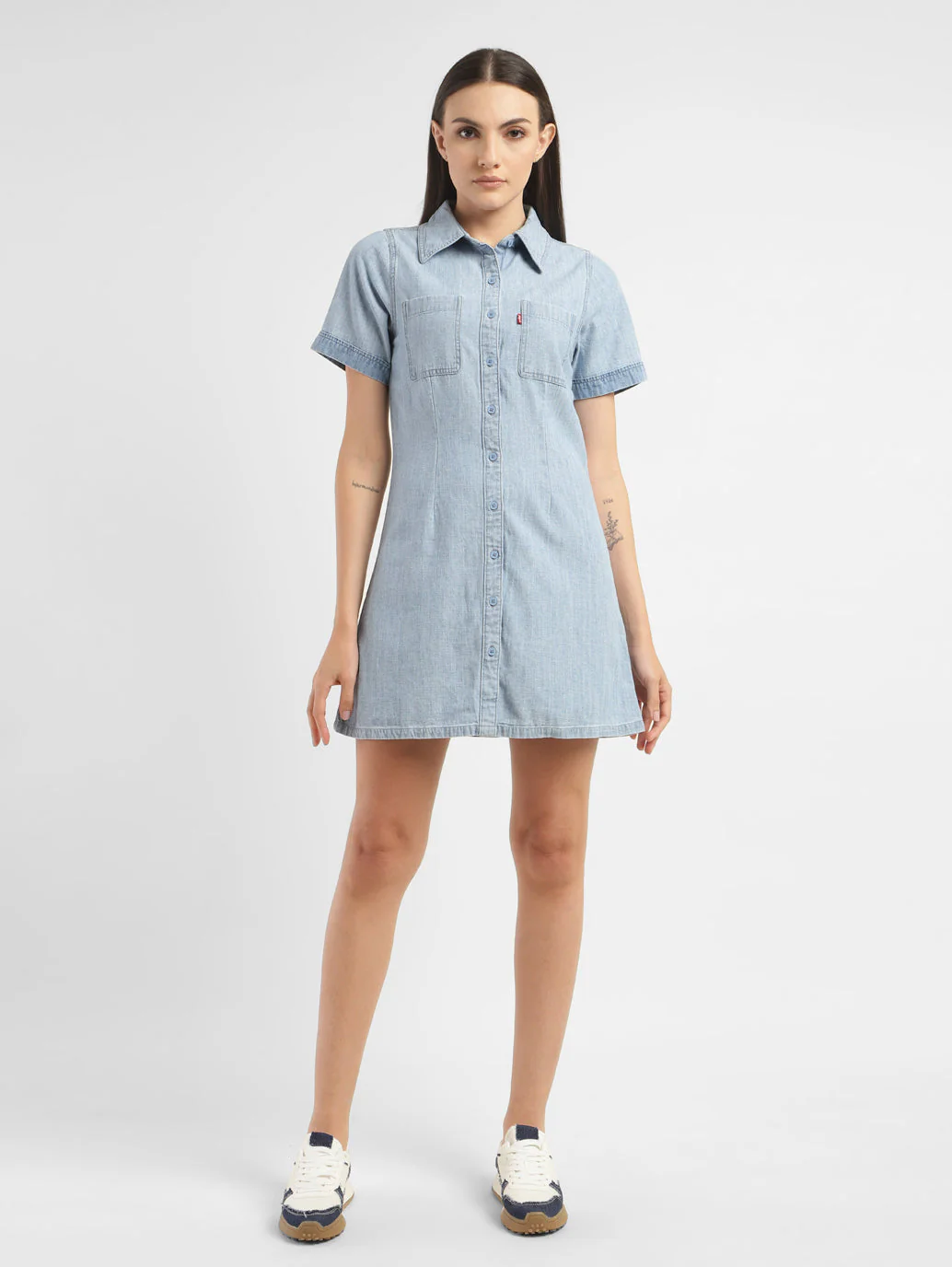 Women's Solid Spread Collar Denim Dress - Image 6