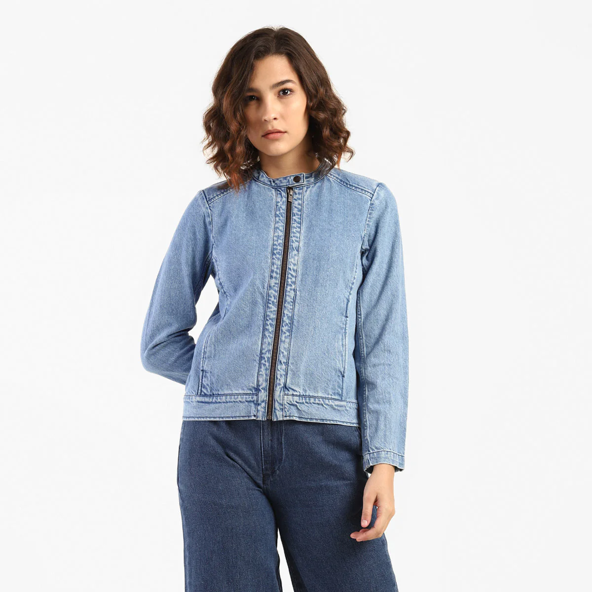 Women's Solid Band Neck Denim Jacket - Image 6