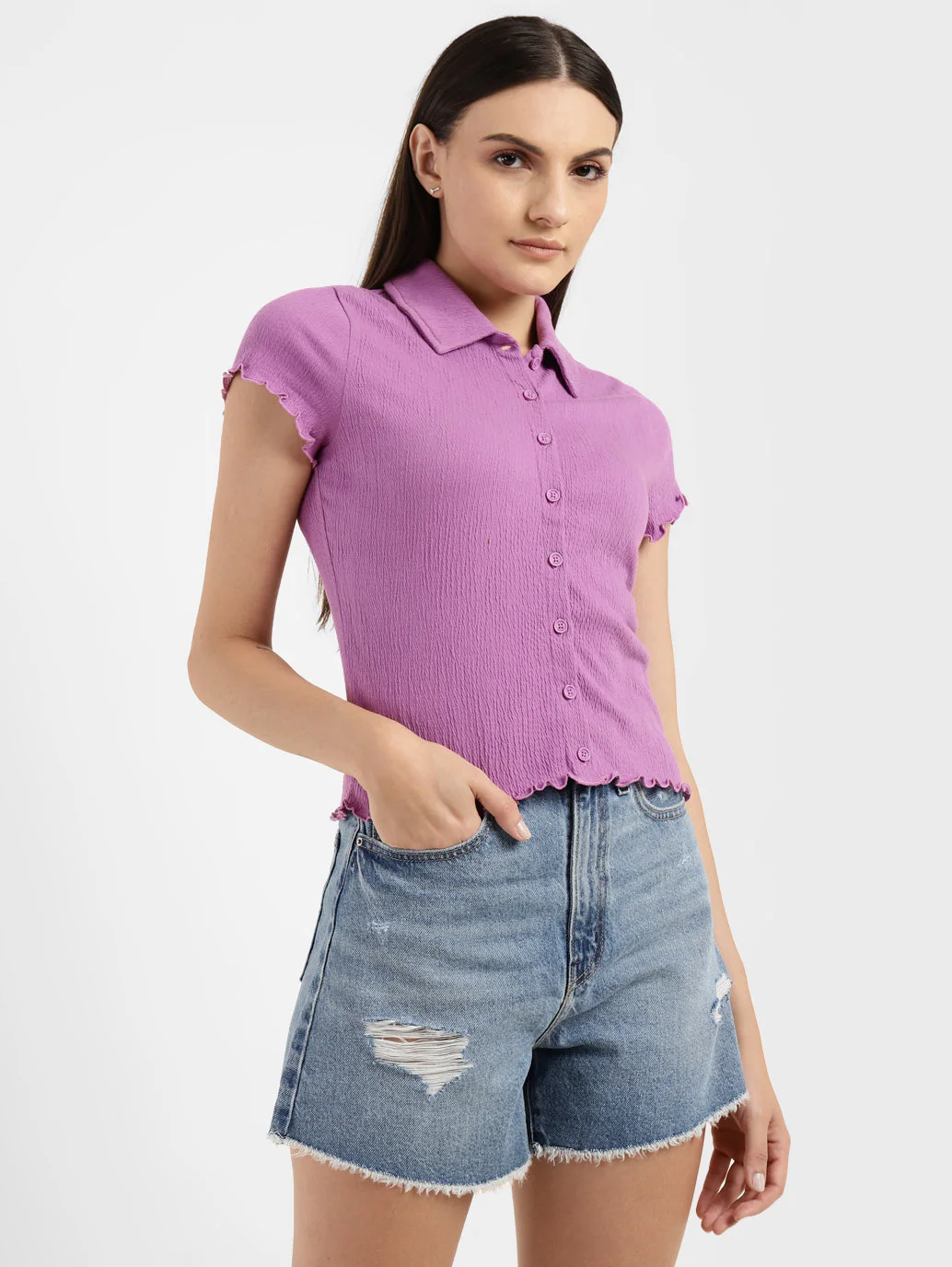 Women's Solid Spread Collar Top - Image 2