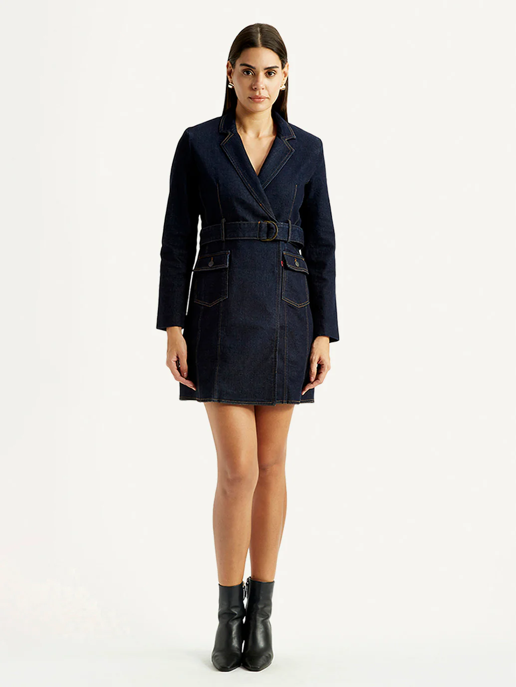 Women's Solid Dark Blue Notched Lapel Dress - Image 2