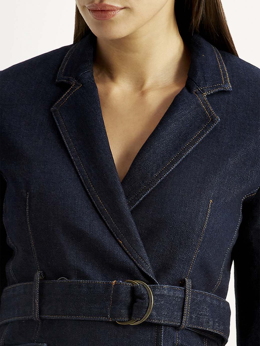Women's Solid Dark Blue Notched Lapel Dress - Image 4