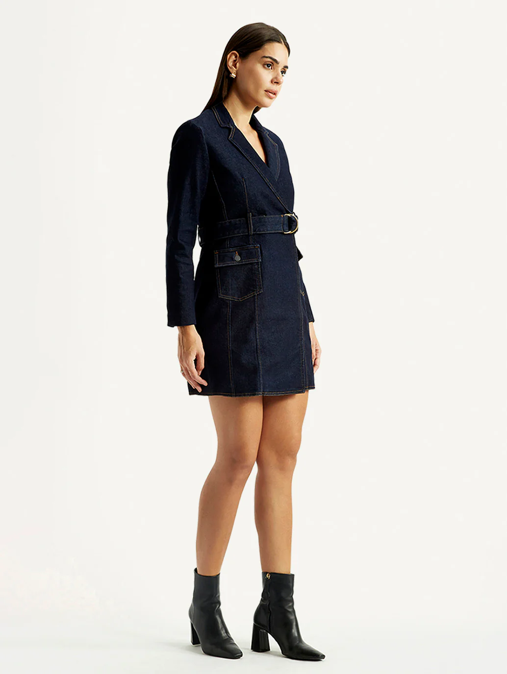 Women's Solid Dark Blue Notched Lapel Dress - Image 5