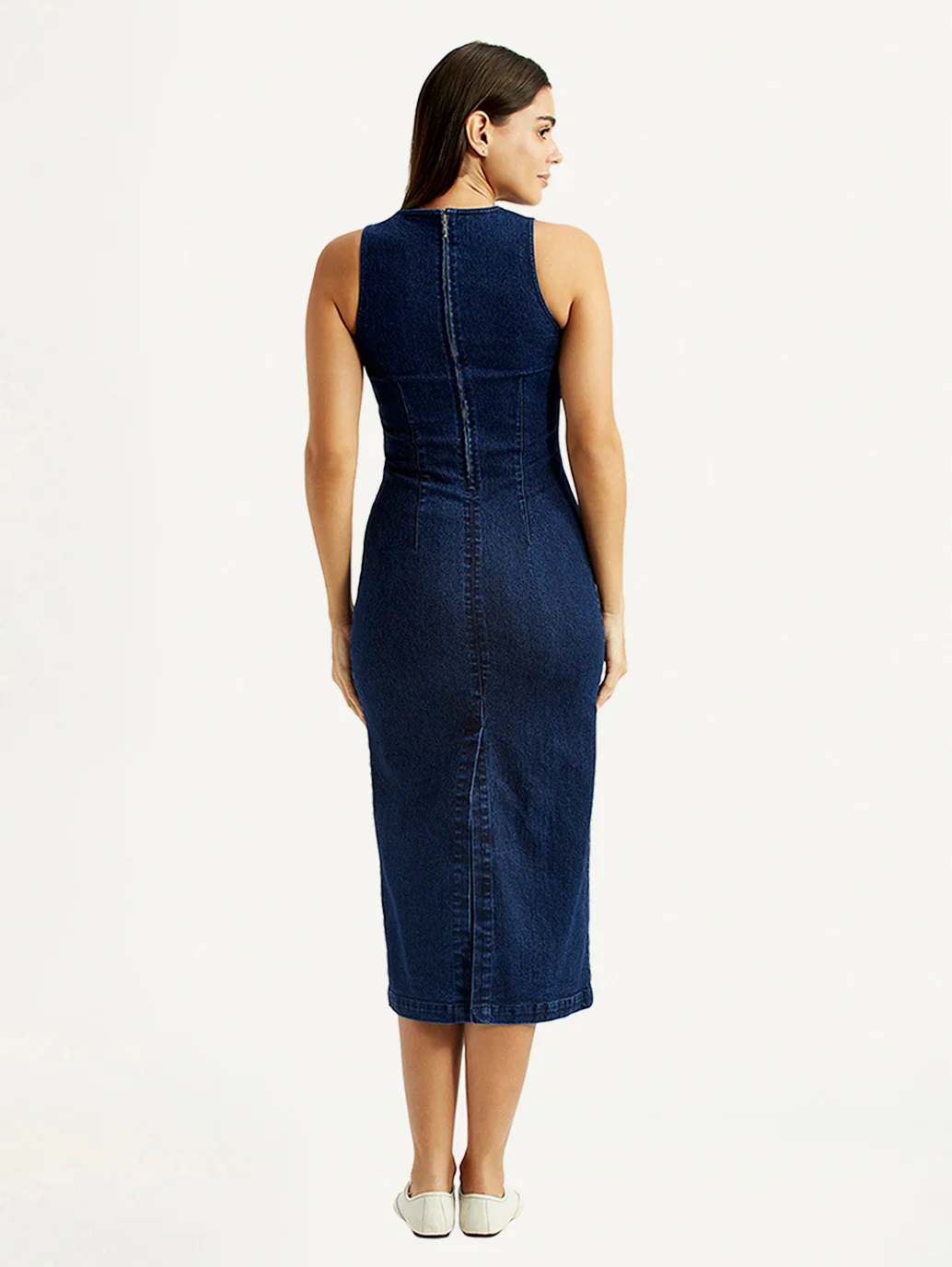 Women's Solid Dark Blue Round Neck Dress - Image 2