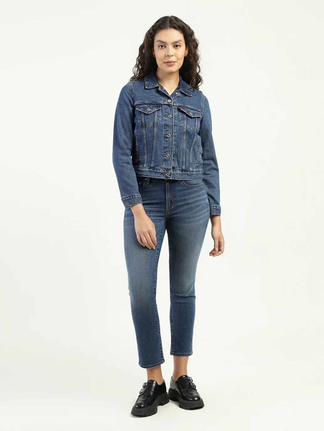 Women's Solid Dark Blue Spread Collar Denim Jacket - Image 6