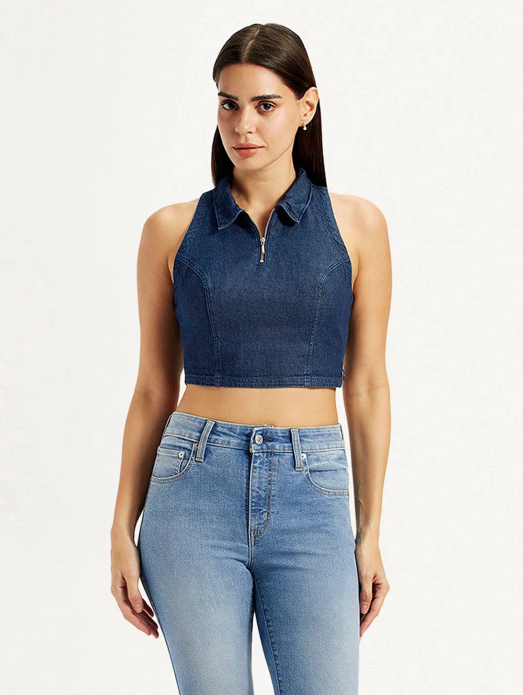 Women's Solid Dark Blue Spread Collar Top - Image 2