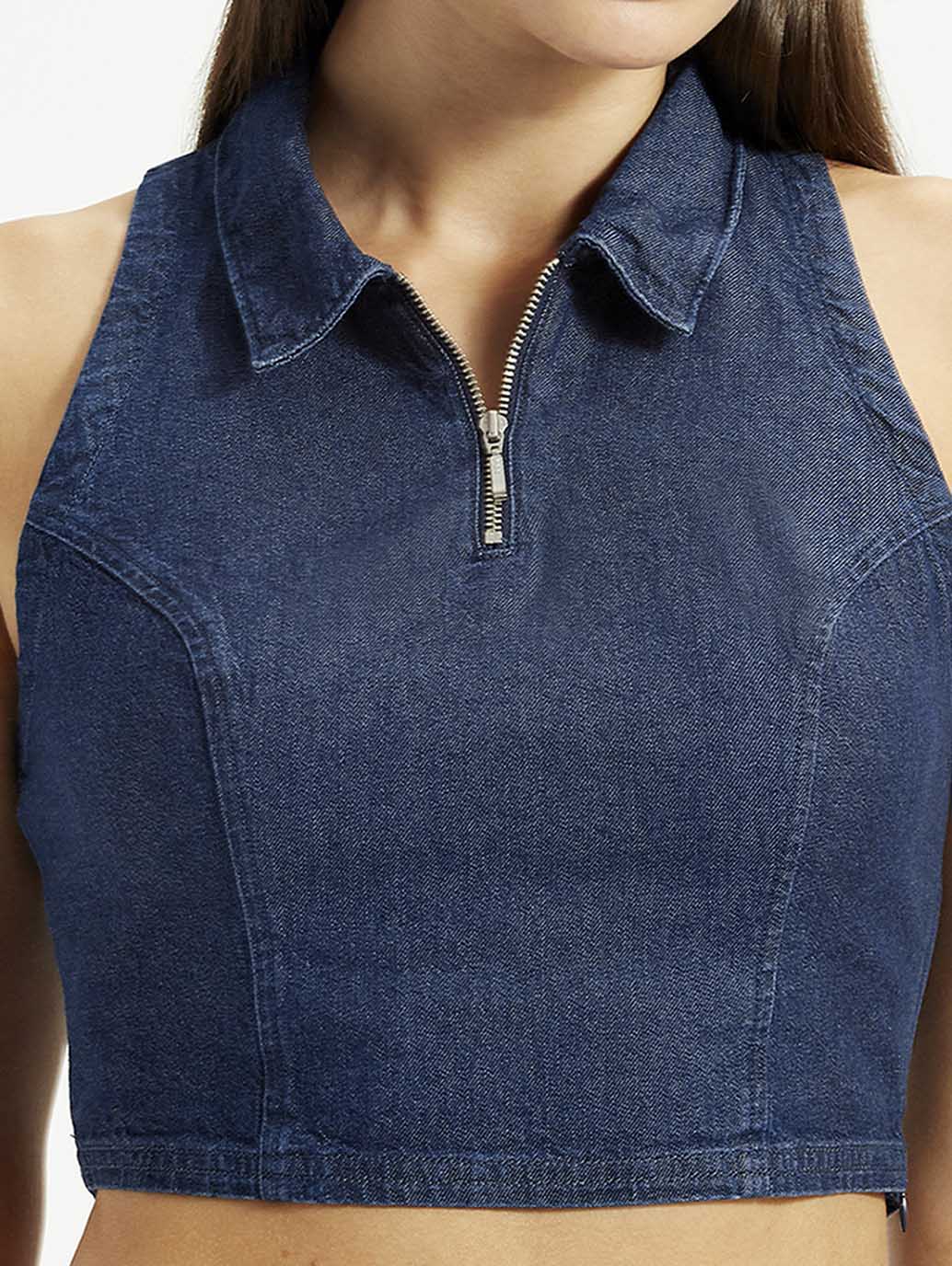 Women's Solid Dark Blue Spread Collar Top - Image 4