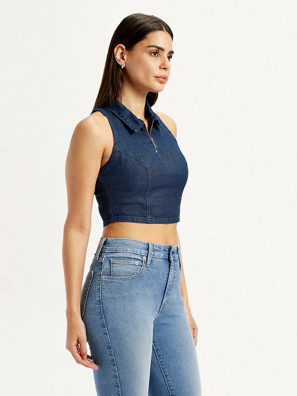 Women's Solid Dark Blue Spread Collar Top - Image 5