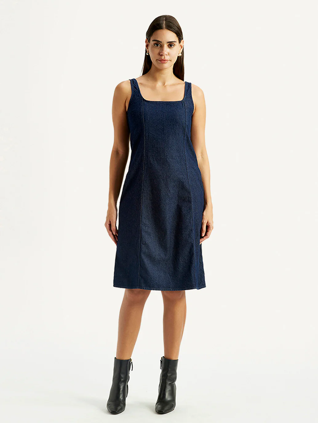 Women's Solid Dark Blue Square Neck Dress