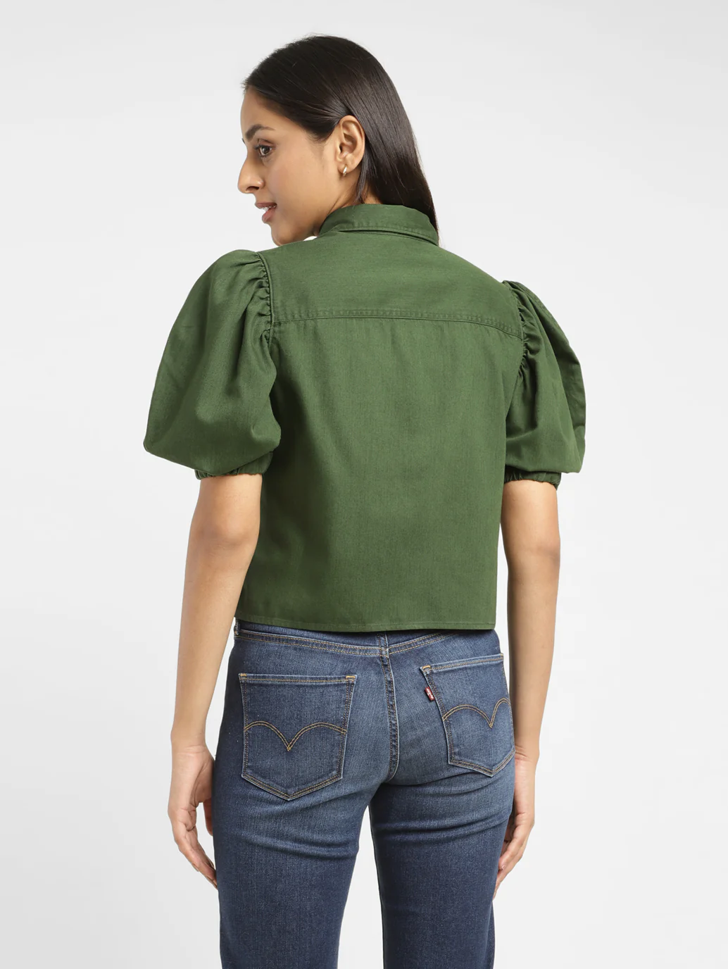 Women's Solid Dark Green Spread Collar Top - Image 3