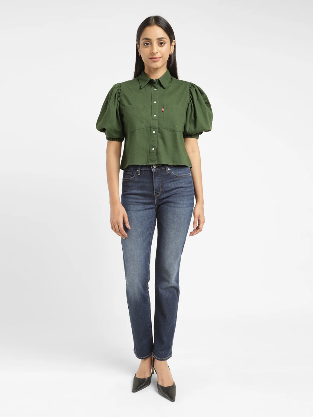 Women's Solid Dark Green Spread Collar Top - Image 8