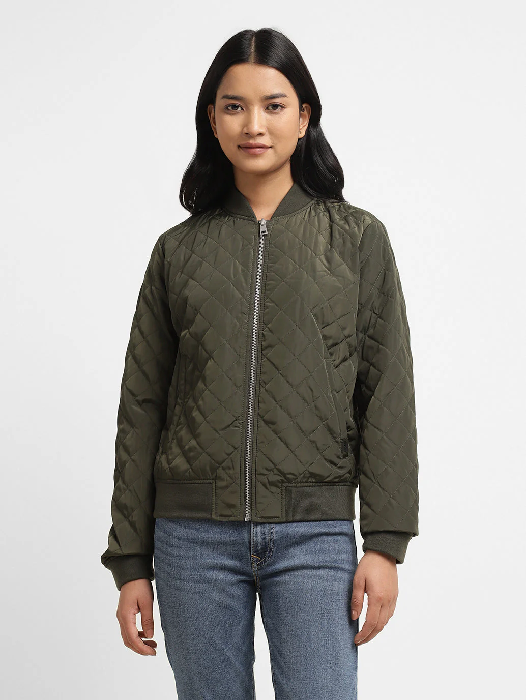 Women's Solid Green Collar Neck Bomber Jacket - Image 2