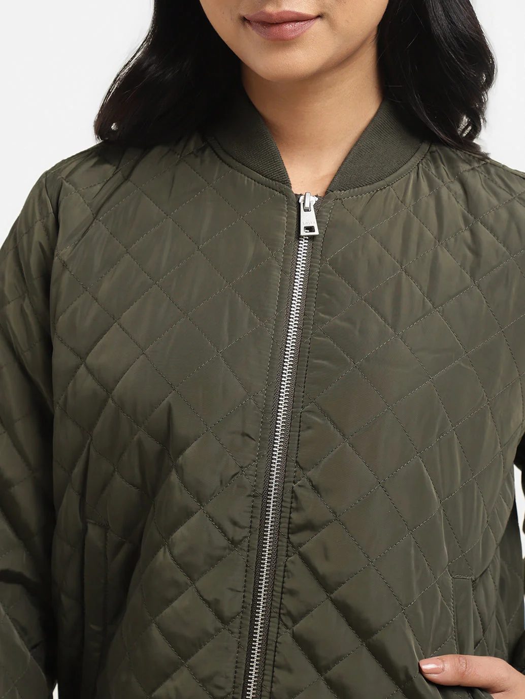 Women's Solid Green Collar Neck Bomber Jacket - Image 5