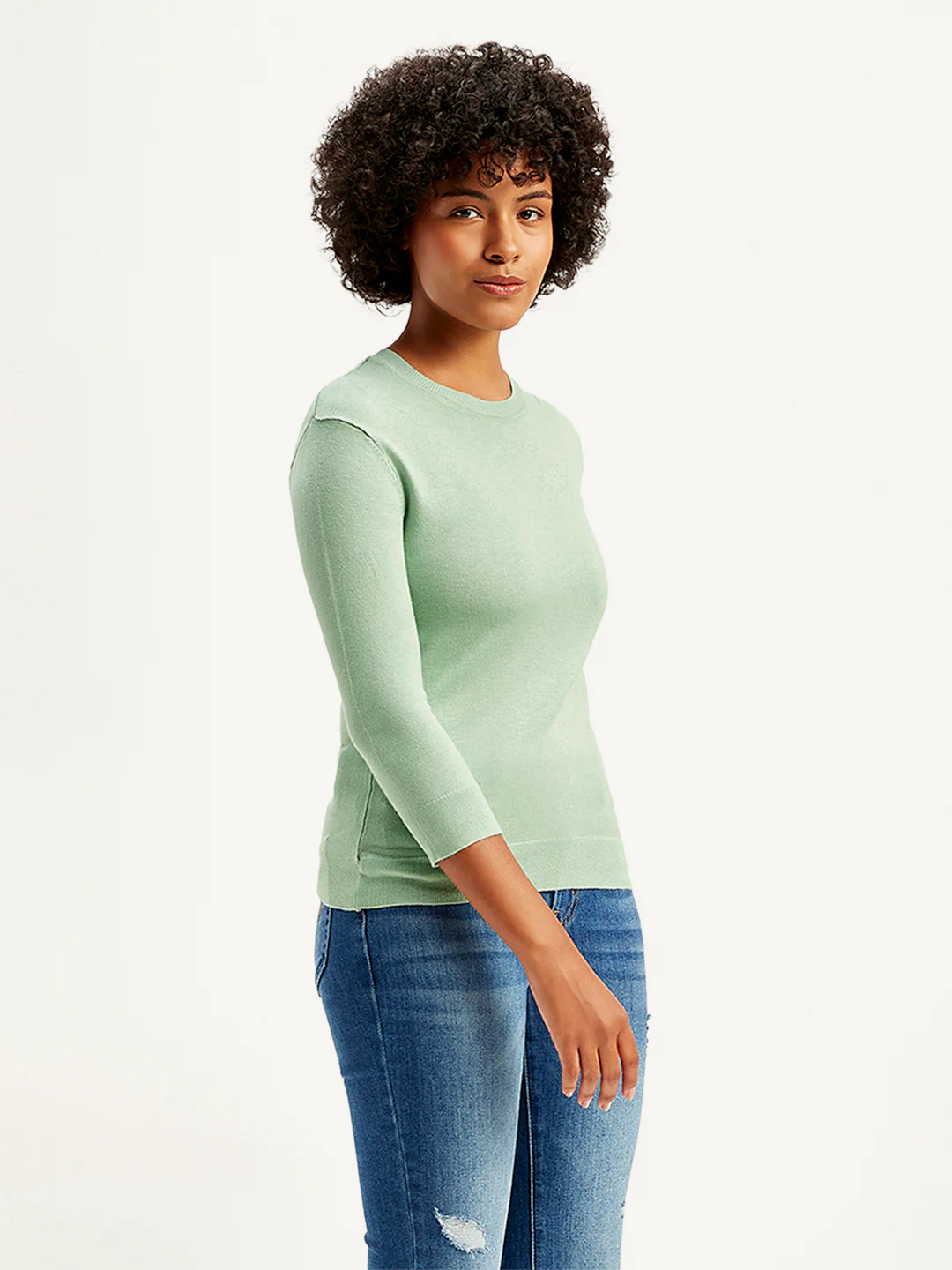 Women's Solid Green Crew Neck Sweater - Image 3