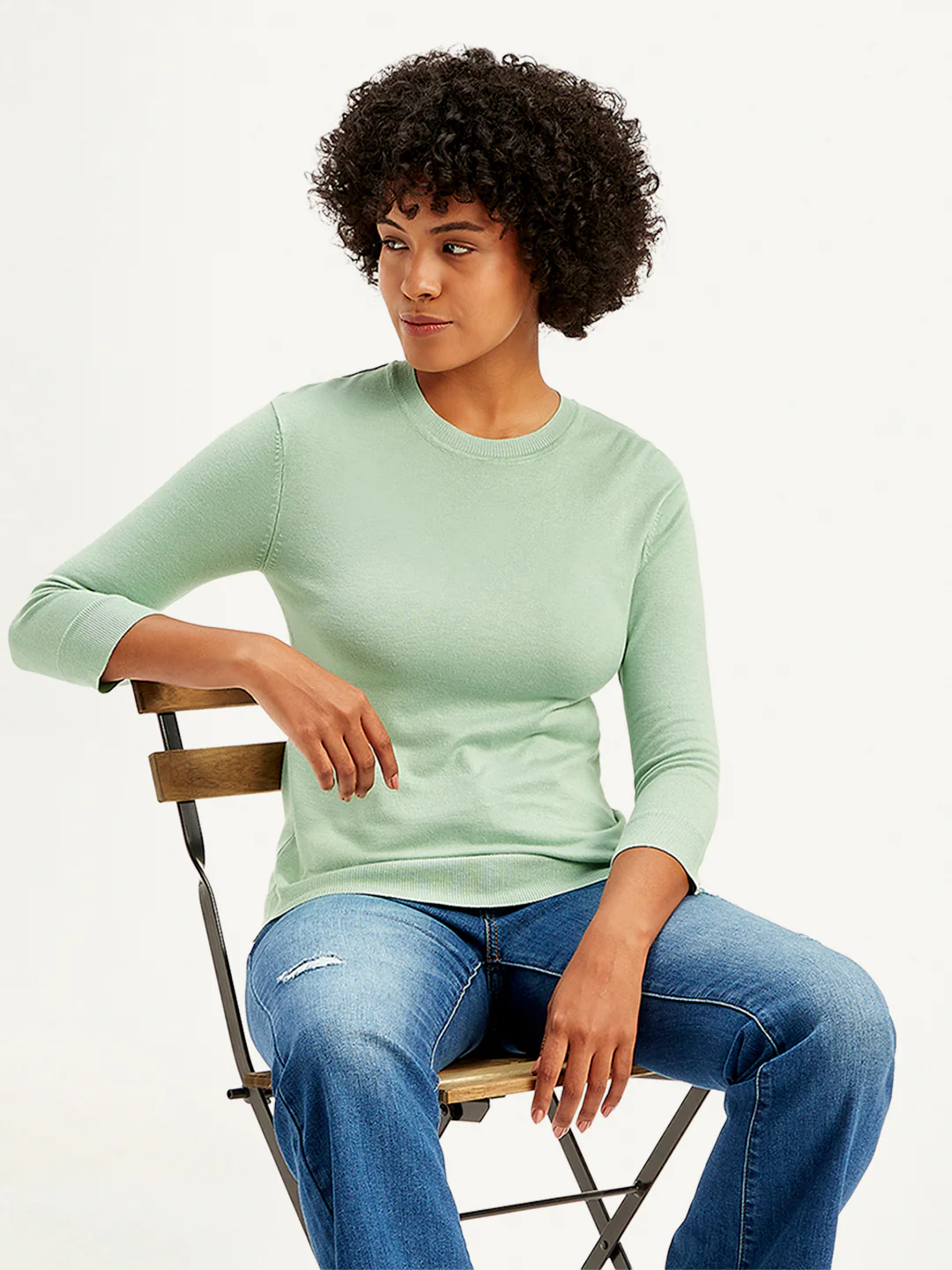 Women's Solid Green Crew Neck Sweater - Image 5