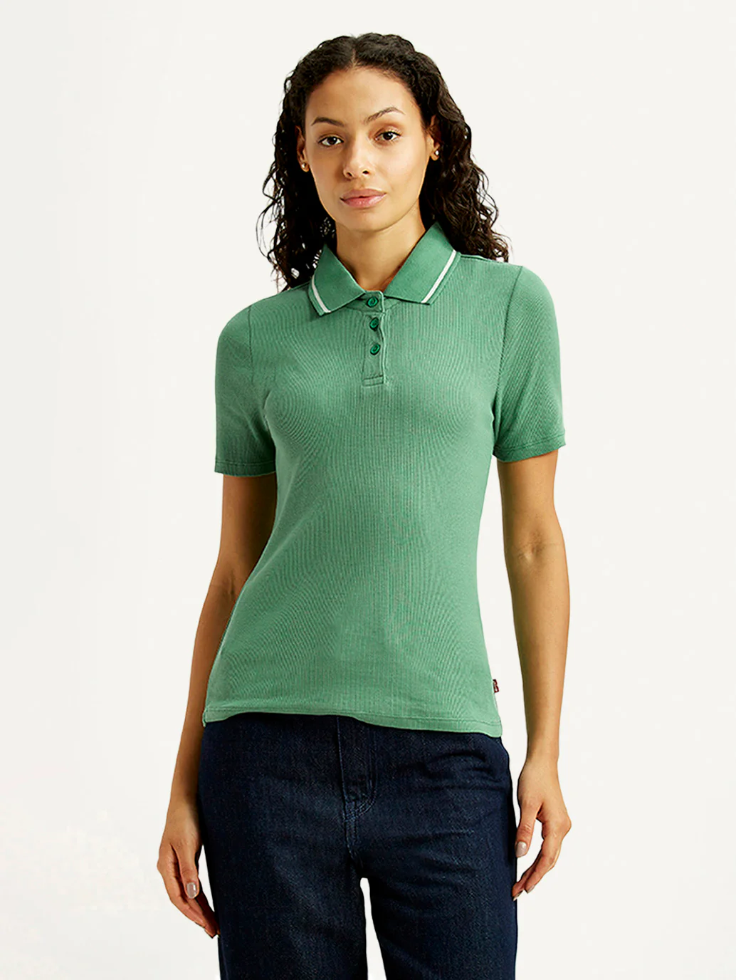 Women's Solid Green Slim Fit Polo Ribbed T-shirt - Image 2