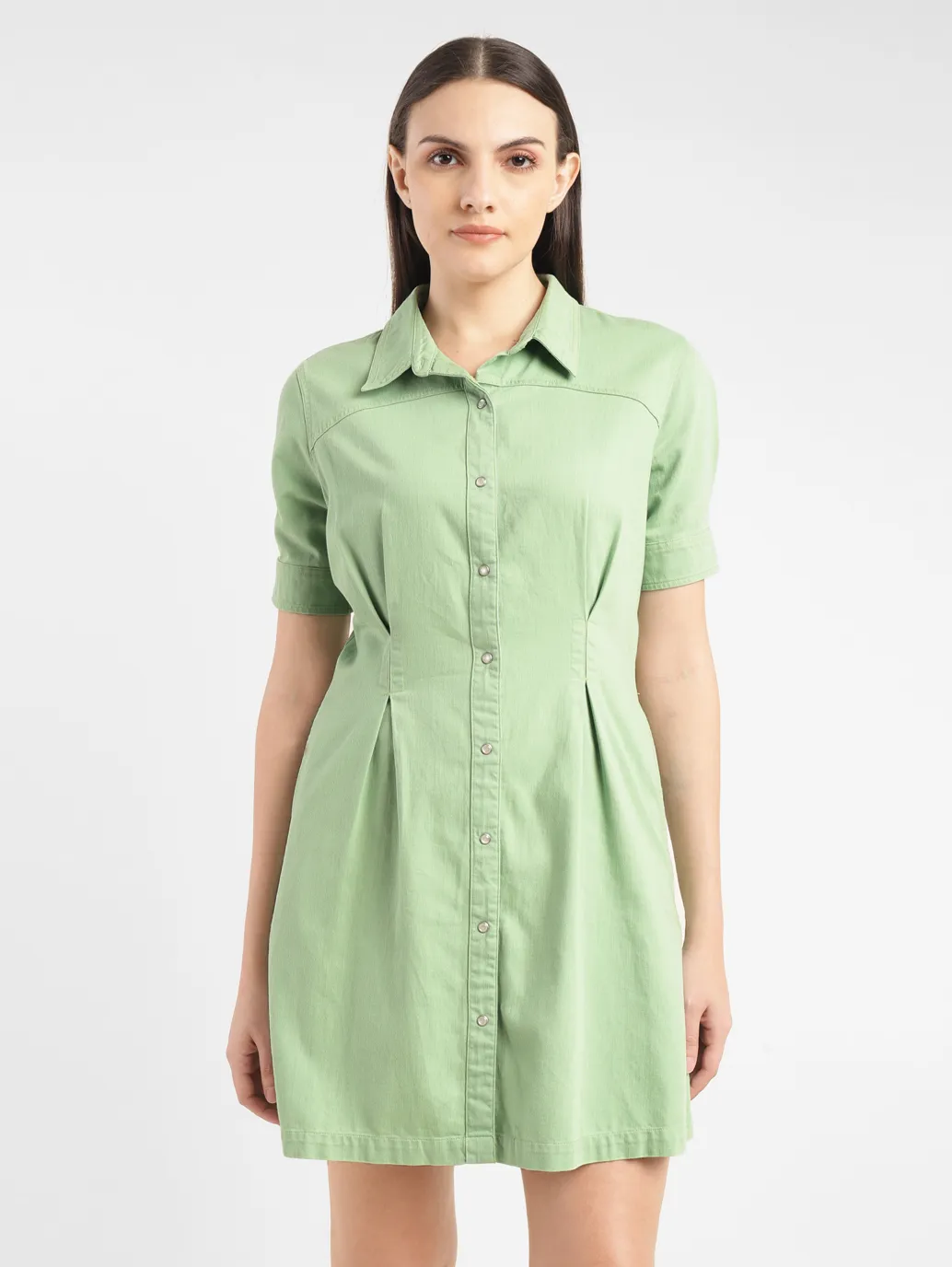 Women's Solid Green Spread Collar Dress - Image 2