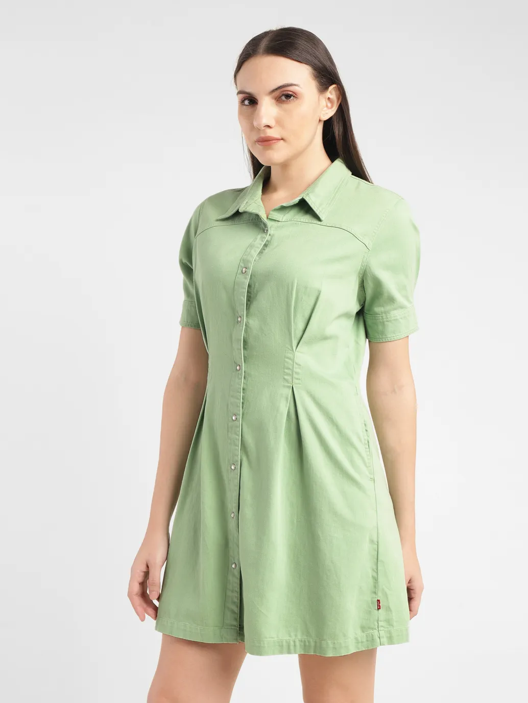 Women's Solid Green Spread Collar Dress - Image 4