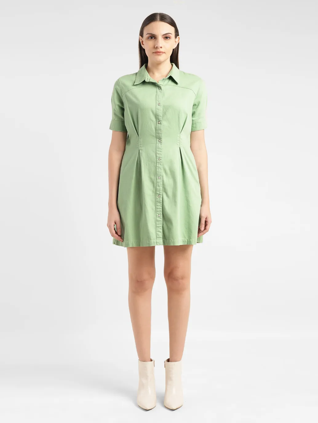 Women's Solid Green Spread Collar Dress - Image 6