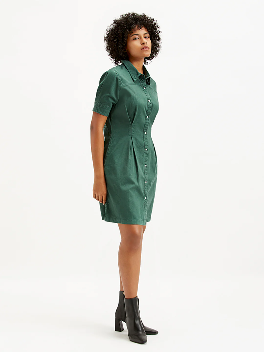 Women's Solid Green Spread Collar Shirt Dress - Image 3