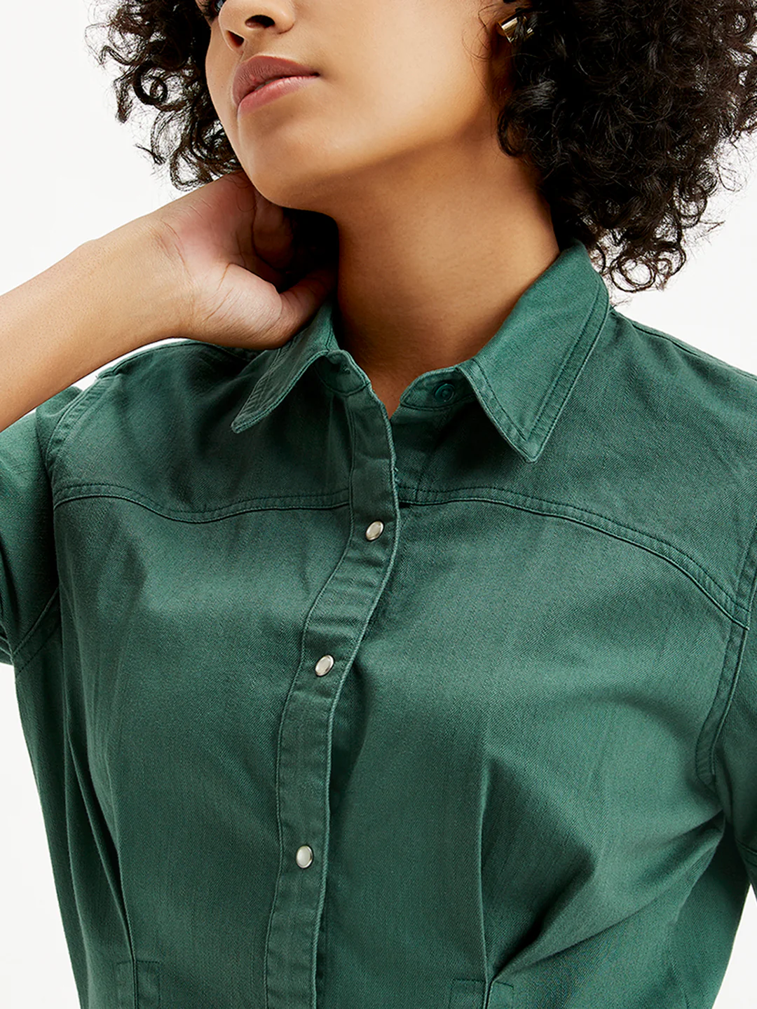 Women's Solid Green Spread Collar Shirt Dress - Image 4