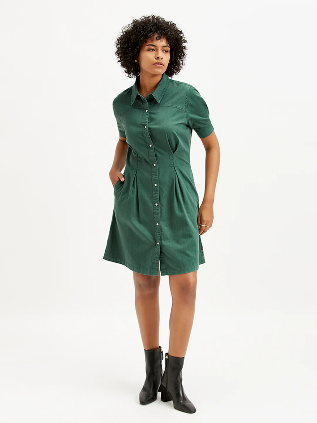 Women's Solid Green Spread Collar Shirt Dress - Image 5